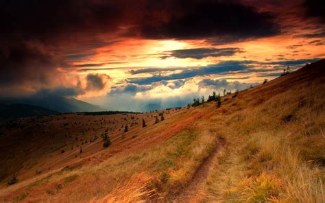 Wallpaper Sunlight Landscape Sunset Hill Nature Sky Field