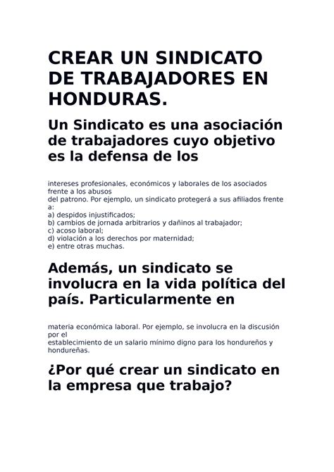 Crear UN Sindicato DE Trabajadores EN Honduras CREAR UN SINDICATO DE