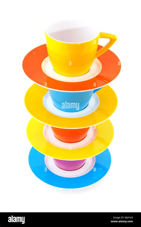 Colorful Cups And Saucers Isolated Over White Stock Photo Alamy