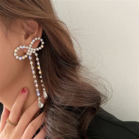 Fyuan Big Bowknot Crystal Drop Earrings For Women Geometric Long Tassel