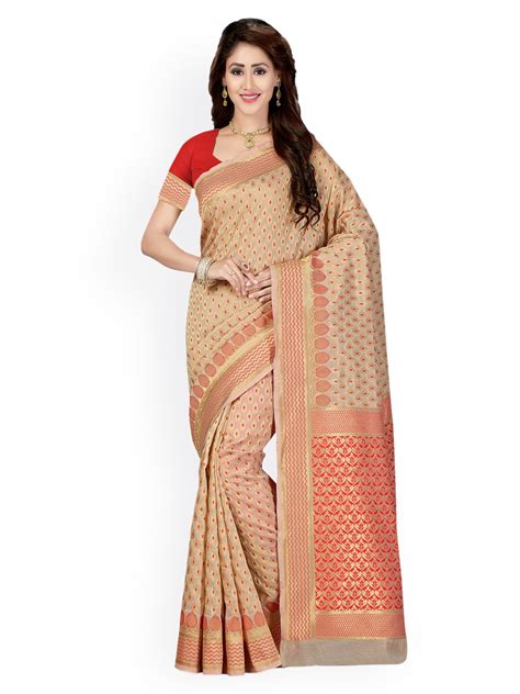 Buy Saree Swarg Beige Cotton Blend Woven Design Banarasi Saree Sarees