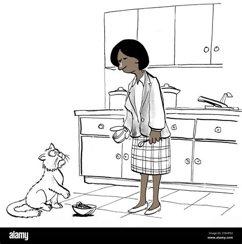 Color Illustratio Of A Black Businesswoman After Work Feeding Her Cat And The Cat Does Not