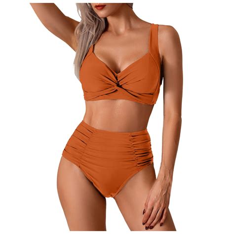 CAICJ98 Women Bikini Set Bathing Suit High Waisted V Neck Two Pieces Swimsuit Orange XL