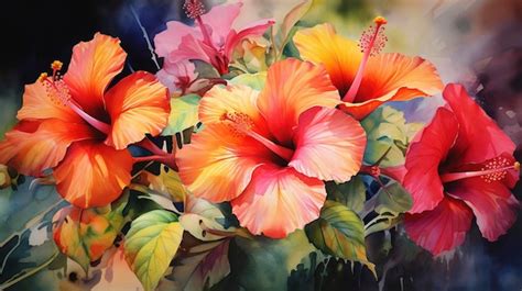 Premium AI Image Watercolor Vibrant Tropical Hibiscus