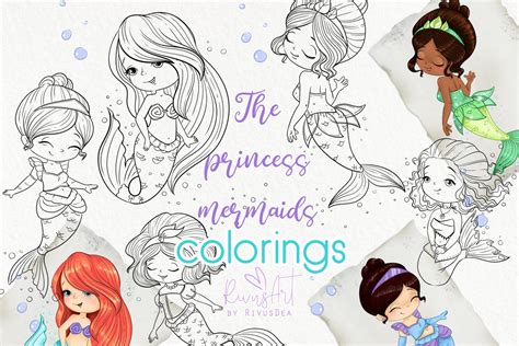 Cute Mermaids Coloring Pages Pack. Princesses, Fairytale, Girl ...