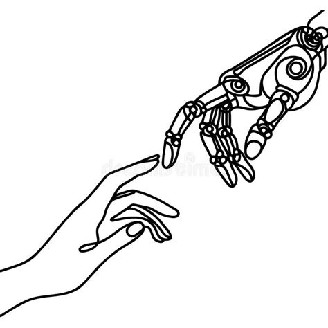 Drawn By One Continuous Line Of Human And Robot Hands Touching Fusion