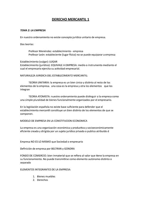 Derecho Mercantil 1 Derecho Mercantil 1 Tema 2 La Empresa En Nuestro Ordenamiento No Existe