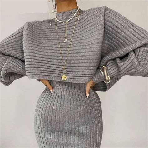 Ingvn Women Elegant Slim Two Piece Sets Female Sweater Dress Autumn