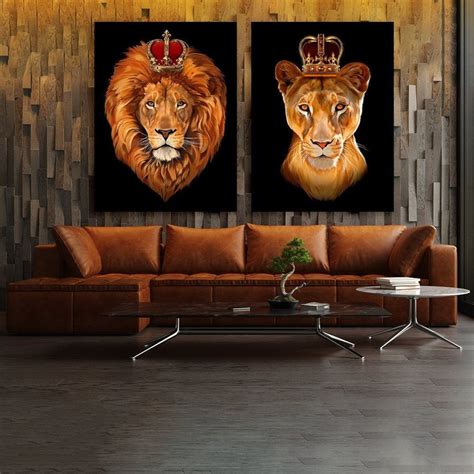 Lion King And Queen Couple Black Canvas Print Wall Art Home Decor