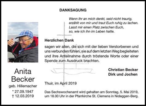 Traueranzeigen Von Anita Becker Aachen Gedenkt