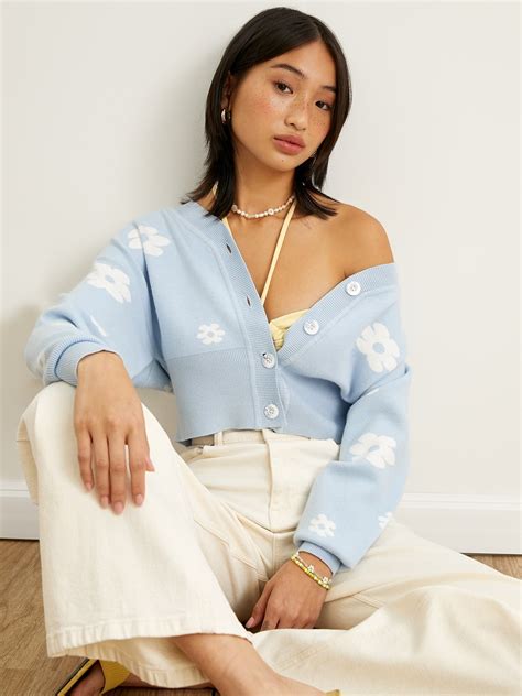 Floral Half Ribbed Crop Cardigan Baby Blue Pomelo Fashion