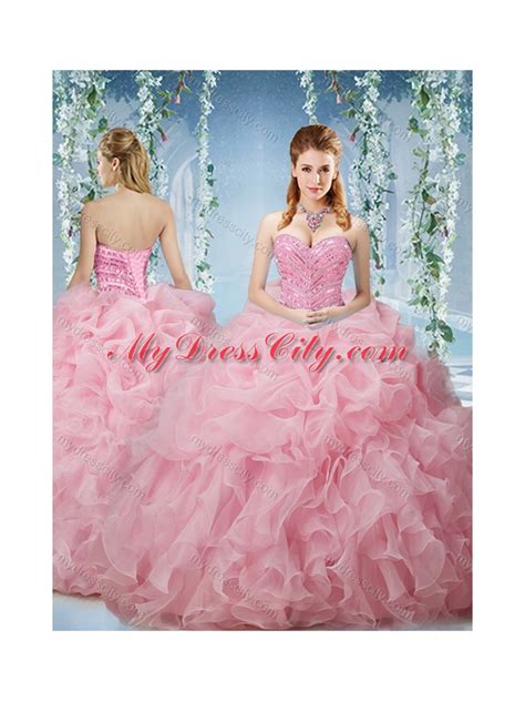 Lovely Baby Pink Brush Train Pretty Quinceanera Dresses Beaded And Ruffled