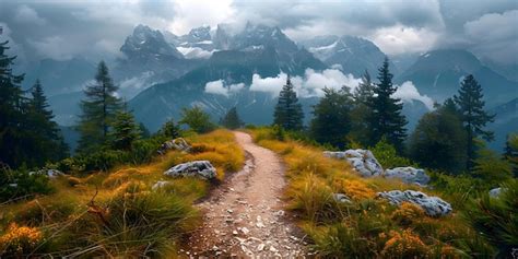 Scenic View Of Hiking Trail In Swiss Alps With Snowy Mountains Concept