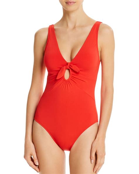 Robin Piccone Synthetic Ava Plunge One Piece With Front Knots In Red