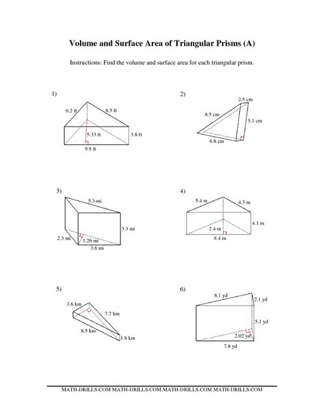 Surface Area Of Triangular Prisms Worksheets