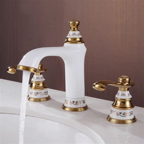 Free shipping white & gold 8" WIDESPREAD LAVATORY BATHROOM SINK FAUCET ...