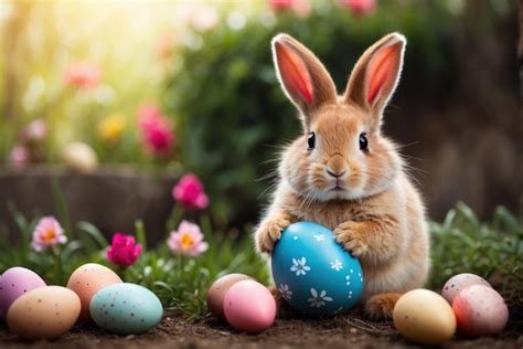 Premium Photo Happy Easter Bunny With Many Colorful Easter Egg AI