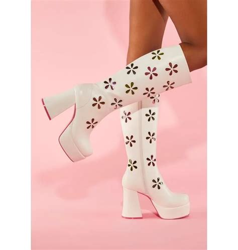 Sugar Thrillz Patent Clear Vinyl Floral Knee High Boots White Dolls