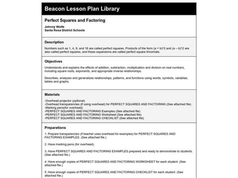 Perfect Squares And Factoring Lesson Plan For 9th 12th Grade Lesson Planet