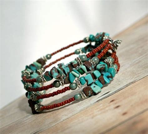 Rustic Turquoise Memory Wire Wrap Bracelet Beaded Memory Wire