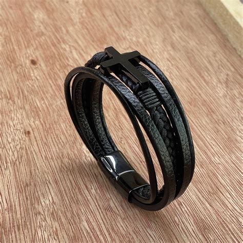 Mens Cross Bracelet Multilayered Leather Bracelet Black Religious