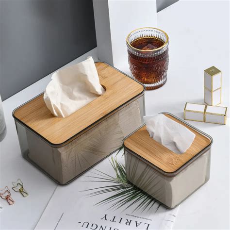 Transparent Rectangular Bamboo Facial Tissues Dispenser For Bathroom