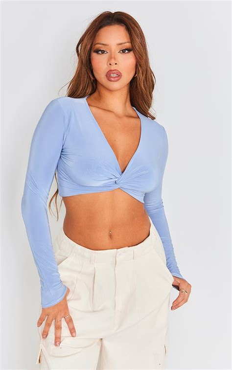 Dusty Blue Slinky Long Sleeve Twist Front Crop Top Prettylittlething