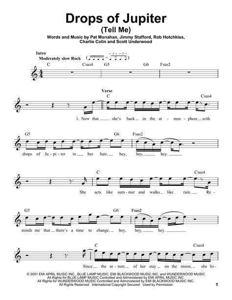 Drops Of Jupiter Tell Me By Train Sheet Music For Pro Vocal At Sheet Music Direct