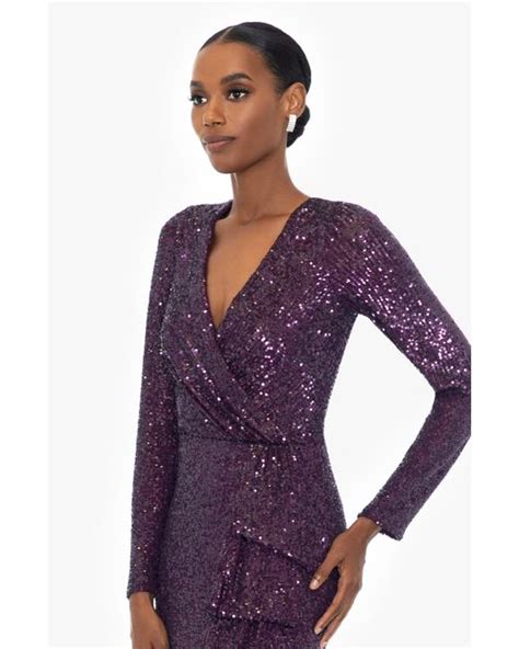 Xscape Sequin Long Sleeve Column Gown In Purple Lyst