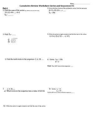 Fillable Online Cumulative Review Worksheet Series And Sequences 2 Part