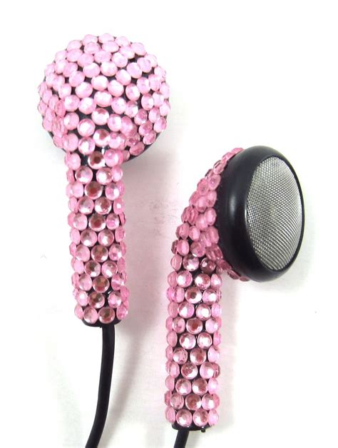 Pink Black Cord Crystal Rhinestone Earphones Earbuds With Microphone