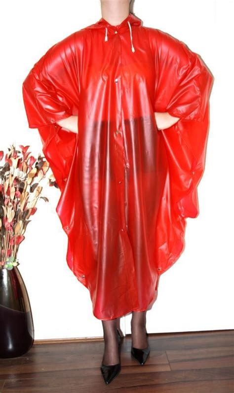 SEXY TRANSPARENT RED LONG GLOSSY PLASTIC PVC CAPE MAC RAIN COAT One