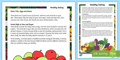 Healthy Eating Reading Comprehension Assessment Activity