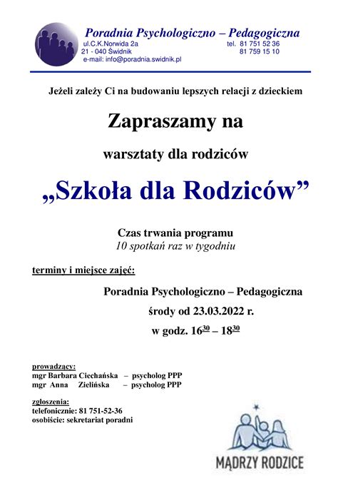 Warsztaty Szko A Dla Rodzic W Poradnia