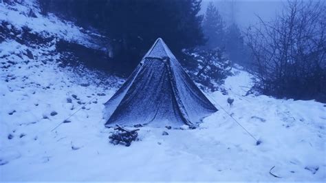 Hot Tent Winter Camping In A Snowstorm Heavy Snowfall Bushcraft