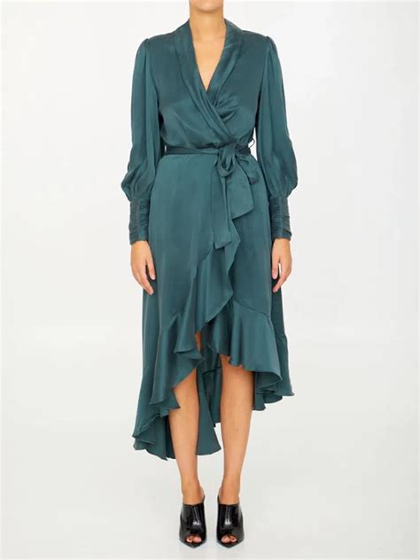 Zimmermann Asymmetric Ruffled Silk Satin Wrap Dress In Green Size 2