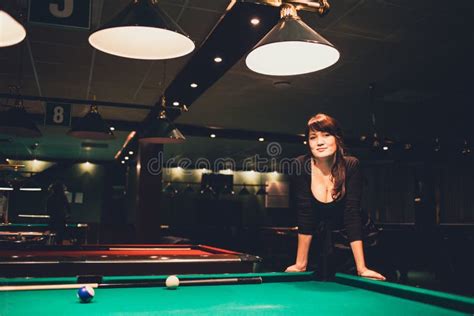 Beautiful Young Busty Brunette Woman Playing Billiard Red Table Indoors