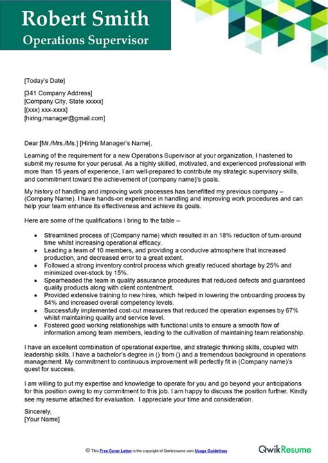 Operations Supervisor Cover Letter Examples QwikResume