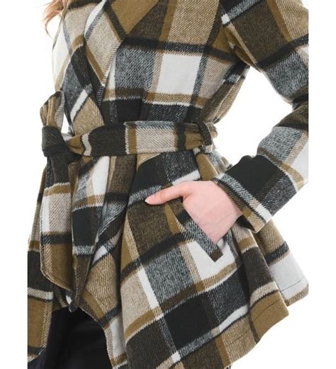 Womens Turn Down Collar Asymmetric Hem Plaids Wrap Coat Brown