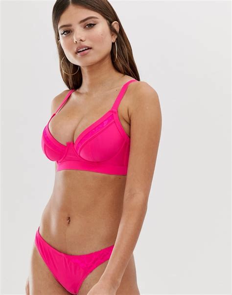 Asos Design Fuller Bust Exclusive Lace Insert Neon Pink Bikini Neon