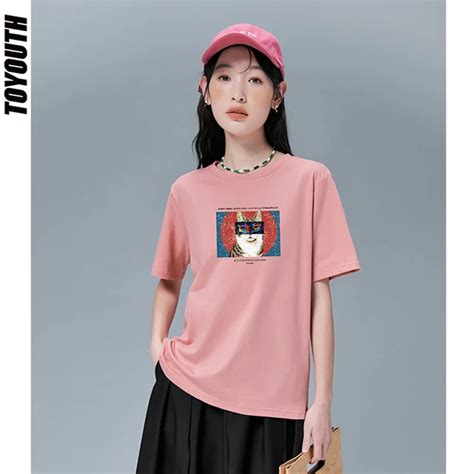 Toyouth Women T Shirts 2022 Summer Short Sleeve O Neck Loose Tees