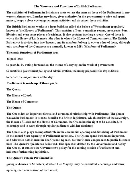 The Structure and Functions of British Parliament. | PDF | House Of ...