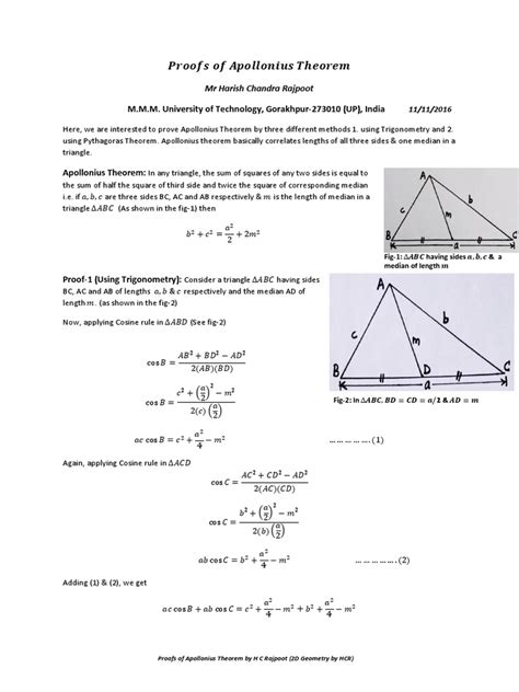 Proofs of Apollonius Theorem by H C Rajpoot | PDF | Triangle | Trigonometric Functions