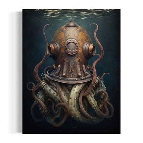 Victorian Octopus Painting, Kraken Sea Diver, Ocean Art, Wildlife Print, Fish Art, Nature ...