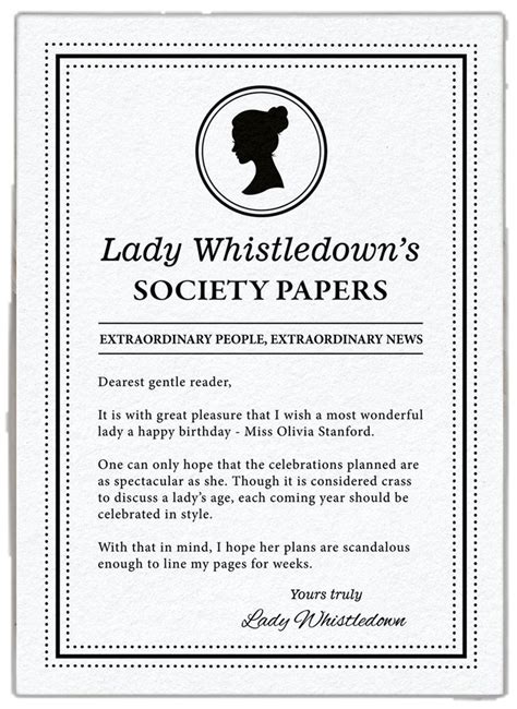 5 X 7 Birthday Lady Whistledown Announce Society Page Dearest Gentle