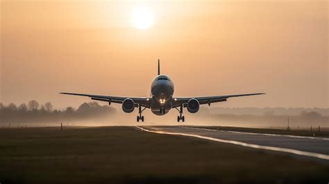 Un avión despegando de una pista al atardecer Foto Premium