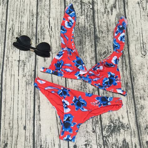 Print Bikini Ruffled Zig Zag Swimsuit Female Swimwear Europe And