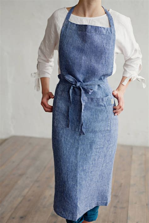 Linen Apron With Pockets In Blue Denim Texture Linen Apron Etsy