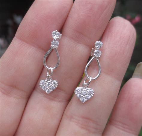 Sterling Silver Cubic Zirconia Heart Dangle Earrings Etsy