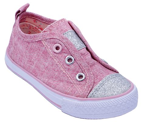 GIRLS KIDS CHILDRENS PINK CANVAS SLIP-ON GLITTER PLIMSOLL PUMPS SHOES ...